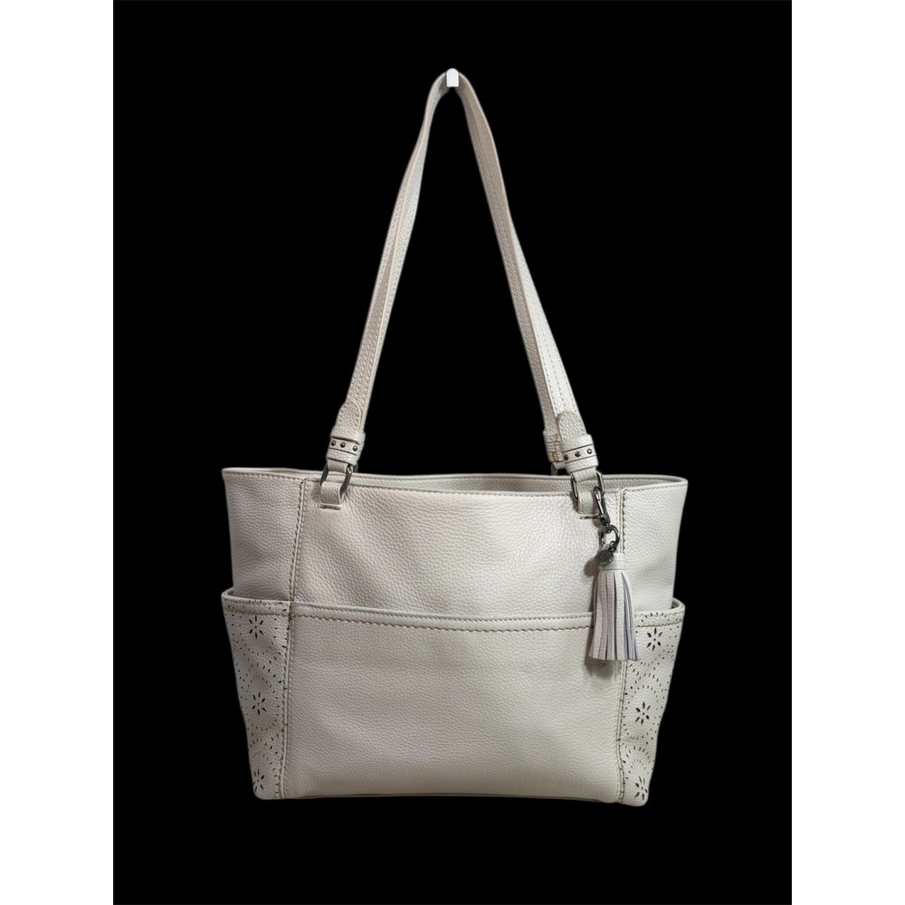 The Sak Sequoia Tote Beige Pebbled Leather Perforated Floral Tote Shoulder Bag